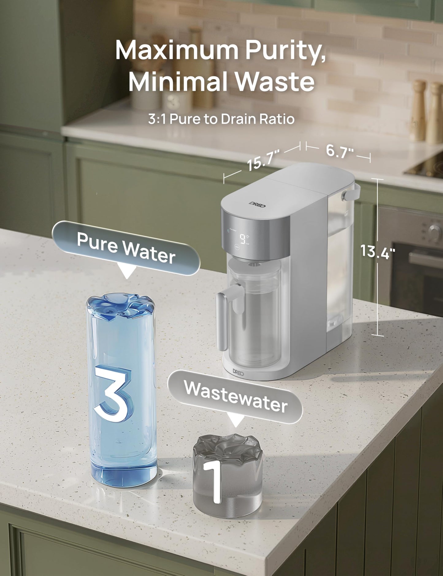 DREO Reverse Osmosis Water Filter Countertop, RO Filtration System, 3:1 Pure to Drain, TDS & Filter Life & 2 Autofill Pitchers, Install-Free, Self-Cleaning Water Purifier, RO Water Filter