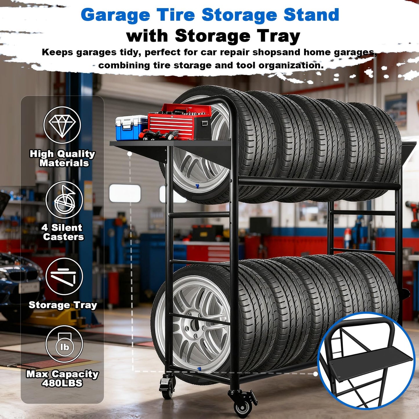 Togarhow Tire Rack, 59 x 57 x 20 Inches Garage Tire Storage Stand with Storage Tray 218KG/480LBS Capacity, 2 Storage Shelf & 4 Swivel Casters Rolling Tire Storage Rack, Black