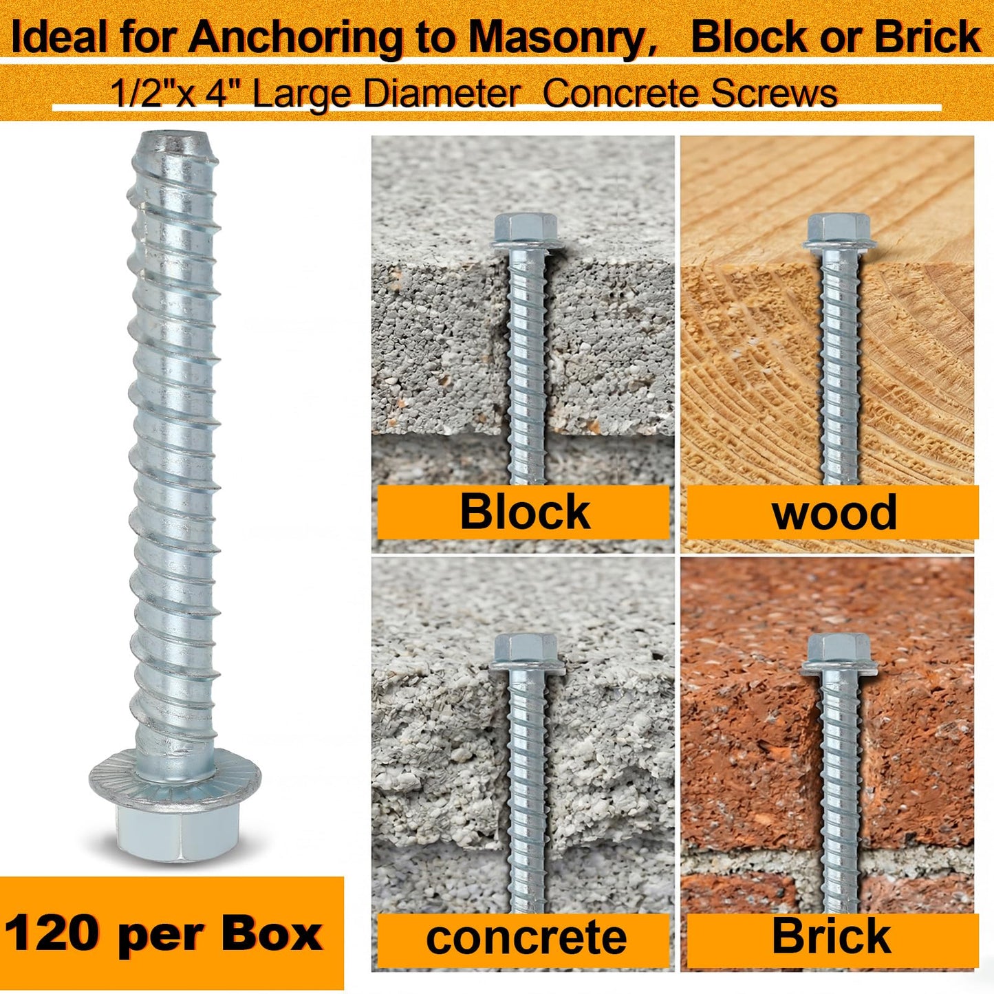 Hicarer 120 Pack 1/2" x 4" Concrete Screw for Anchoring to Masonry, Galvanized Heavy Duty Large Diameter Masonry Screws for Anchoring, Brick, Block, Decking and Framing, Hex Drive