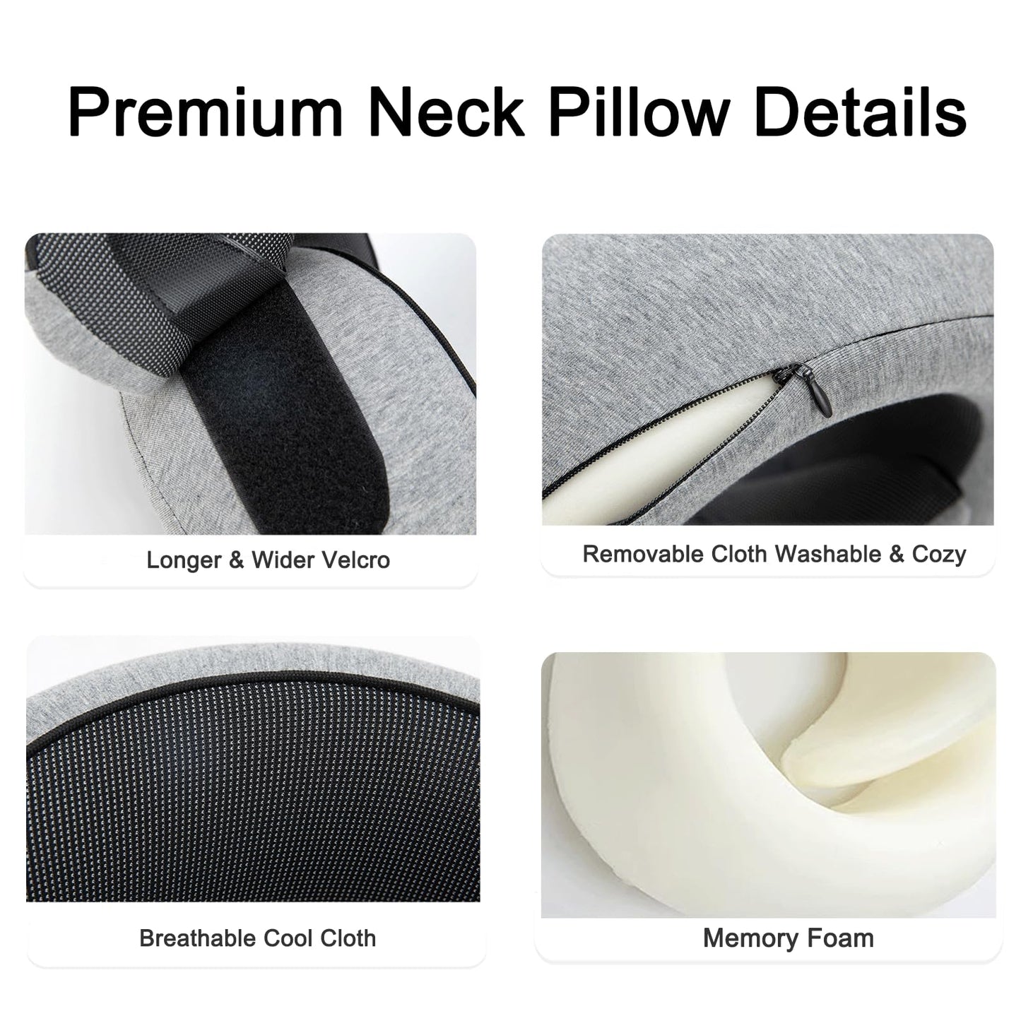 Neck Pillow for Traveling, Travel Neck Pillow for Airplanes, 100% Pure Memory Foam, 360° Support Stowable Pillows for Sleeping, Breathable & Washable Cover, Compact for Travel, Car & Office (Gray)
