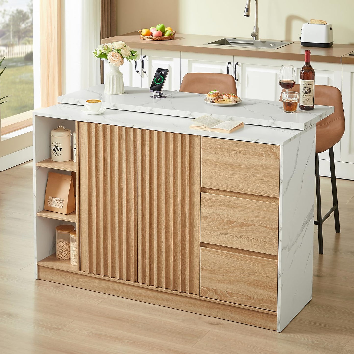 ONBRILL 55" Kitchen Island with Storage, Island Table with Sliding Extendable Countertop, Kitchen Island with Power Outlet for Kitchen, Dining Room, Living Room, White