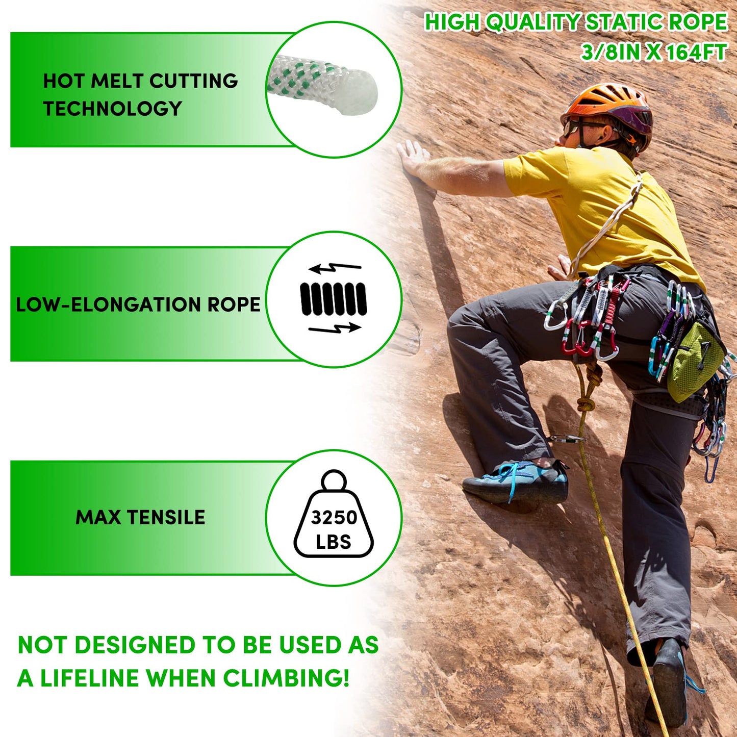 VEITHI 3/8 inch x 164 ft Braid Polyester Rope,Arborist Rigging Rope 3520lbs Breaking Strength Strong Pulling for Climbing,Camping,Sailing,Swings, etc. (White-Green)