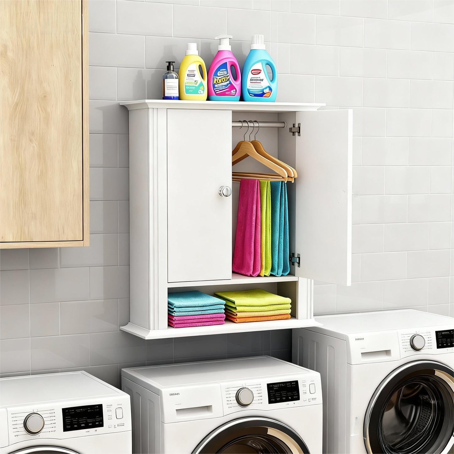 White Bathroom Wall Cabinet, Over the Toilet Storage Cabinet, Bathroom Cabinet Wall Mount, 2 Doors & Hooks, Medicine Cabinet Organizer, Hanging Wall Cabinet Cupboard for Kitchen Laundry Room White