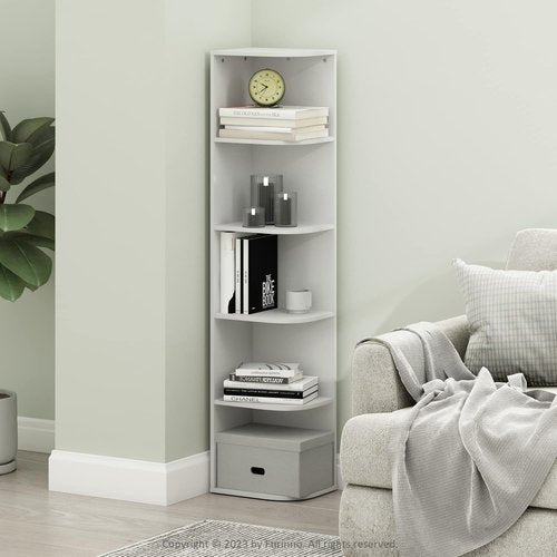 Furinno PASIR 5-Tier Corner Bookshelf - Stylish Open Shelf Bookcase for Home Organization | White, 9.3 x 12 x 51.7