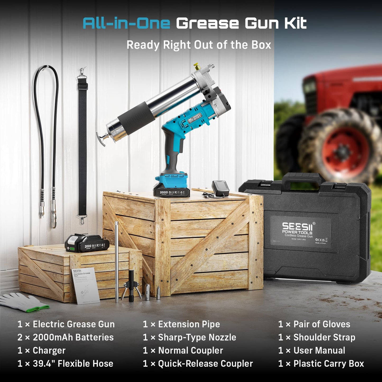Seesii 2-in-1 Electric Grease Gun Kit – 12,000 PSI, 5.3 oz/min High-Flow, Cordless Design, Includes 2×2.0Ah Batteries, LED Light & 39.4” Flexible Hose, Perfect for Cars, Trucks, Farm & Heavy Equipment