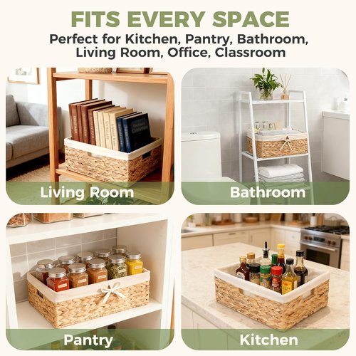 Natural Water Hyacinth Wicker Shelf Storage Baskets - Large 15” x 12” x 6” Organizers with Handles & Cotton Liner