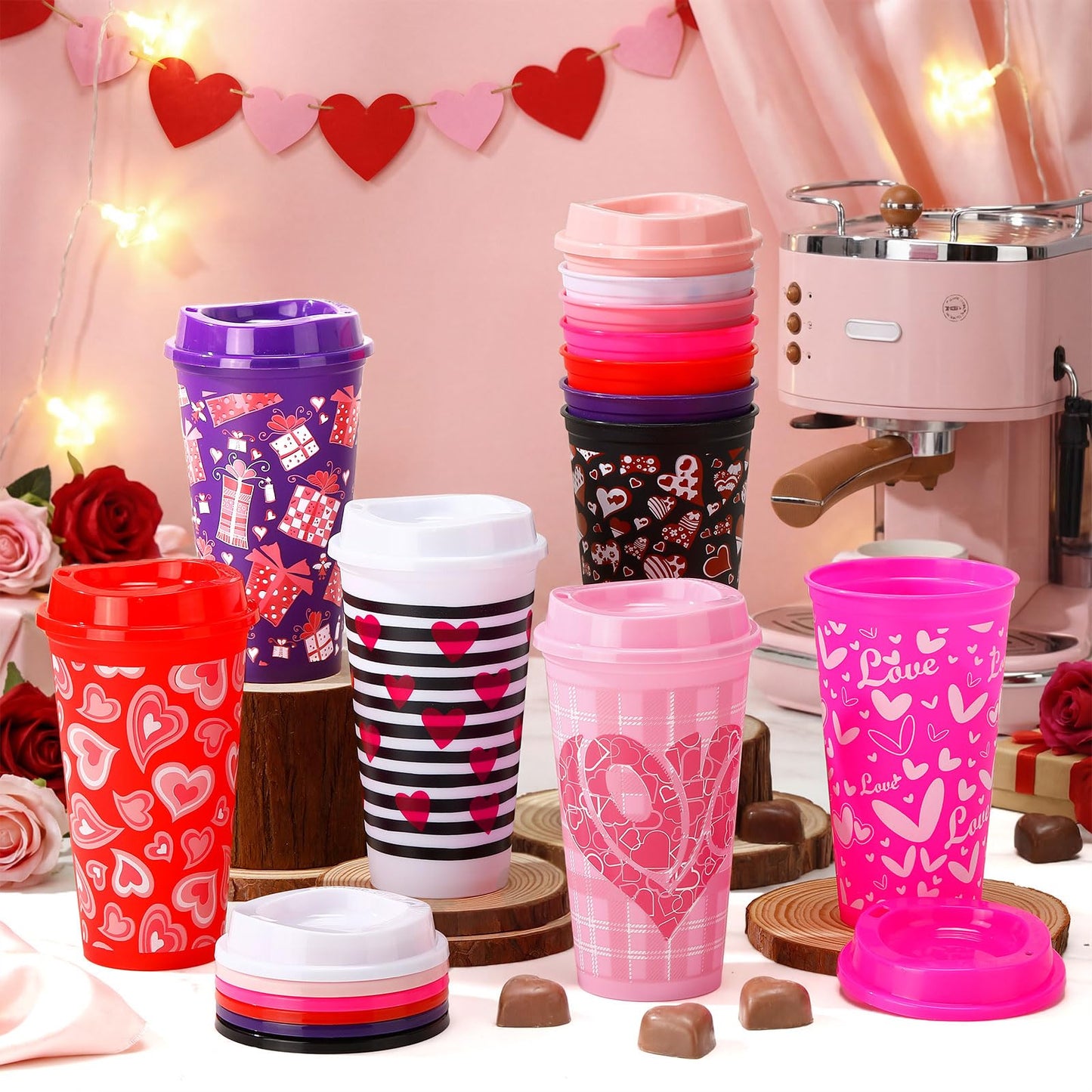 Pickmesh 28 Pack Valentines Day Coffee Cups Gift Bulk for Women Teachers 16 oz Reusable Valentine Coffee Mugs with Lid Red Heart Plastic Tumblers Thank You Mug for Hot and Cold Drinks