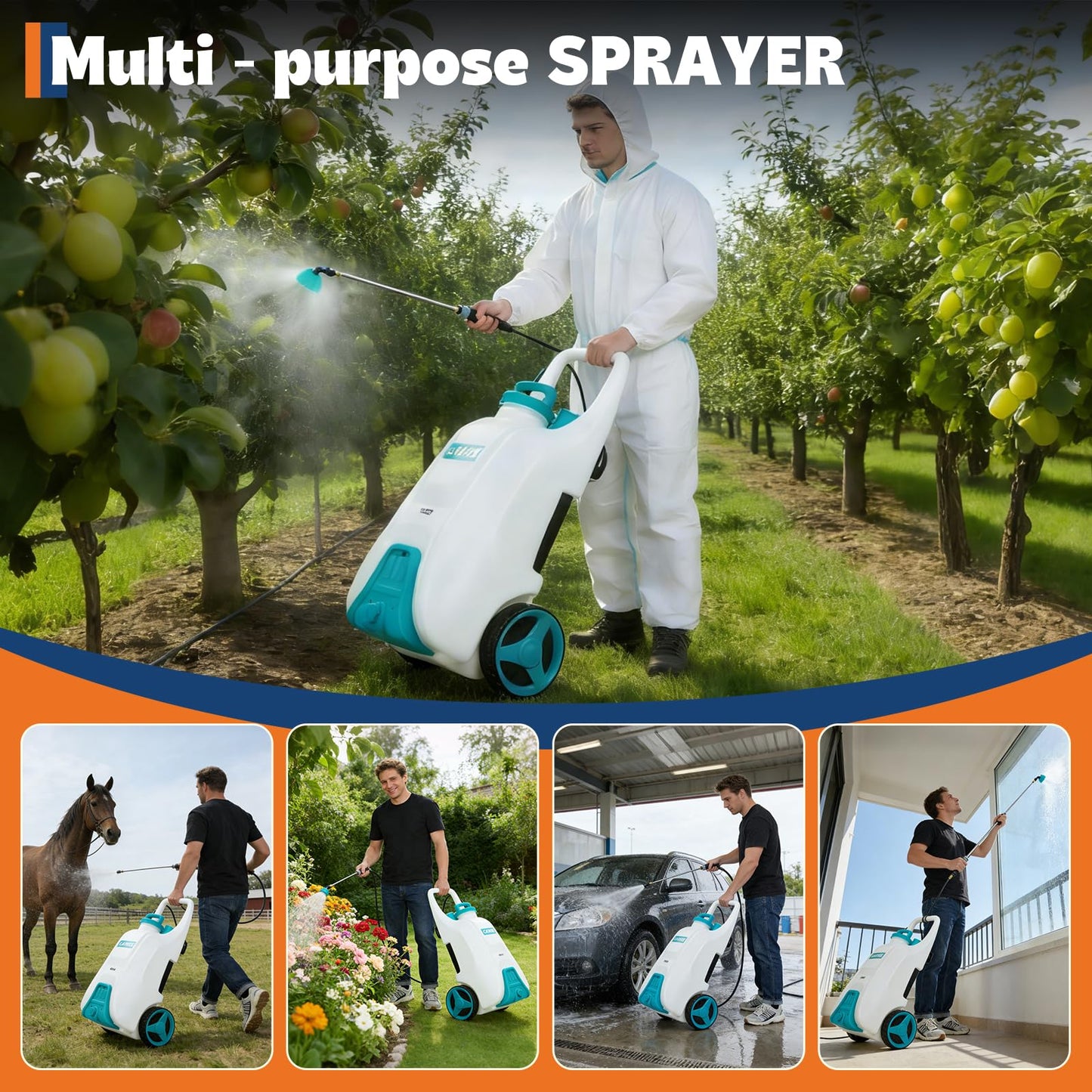 Garvee 13 Gallons Battery Powered Sprayer with Wheeled Cart, 18V 4Ah Electric Sprayer with 6 Nozzles & 2 Wands, 4-6 Hour Runtime, 80PSI Adjustable Pressure, Trigger Lock, Yard Sprayers for Lawn