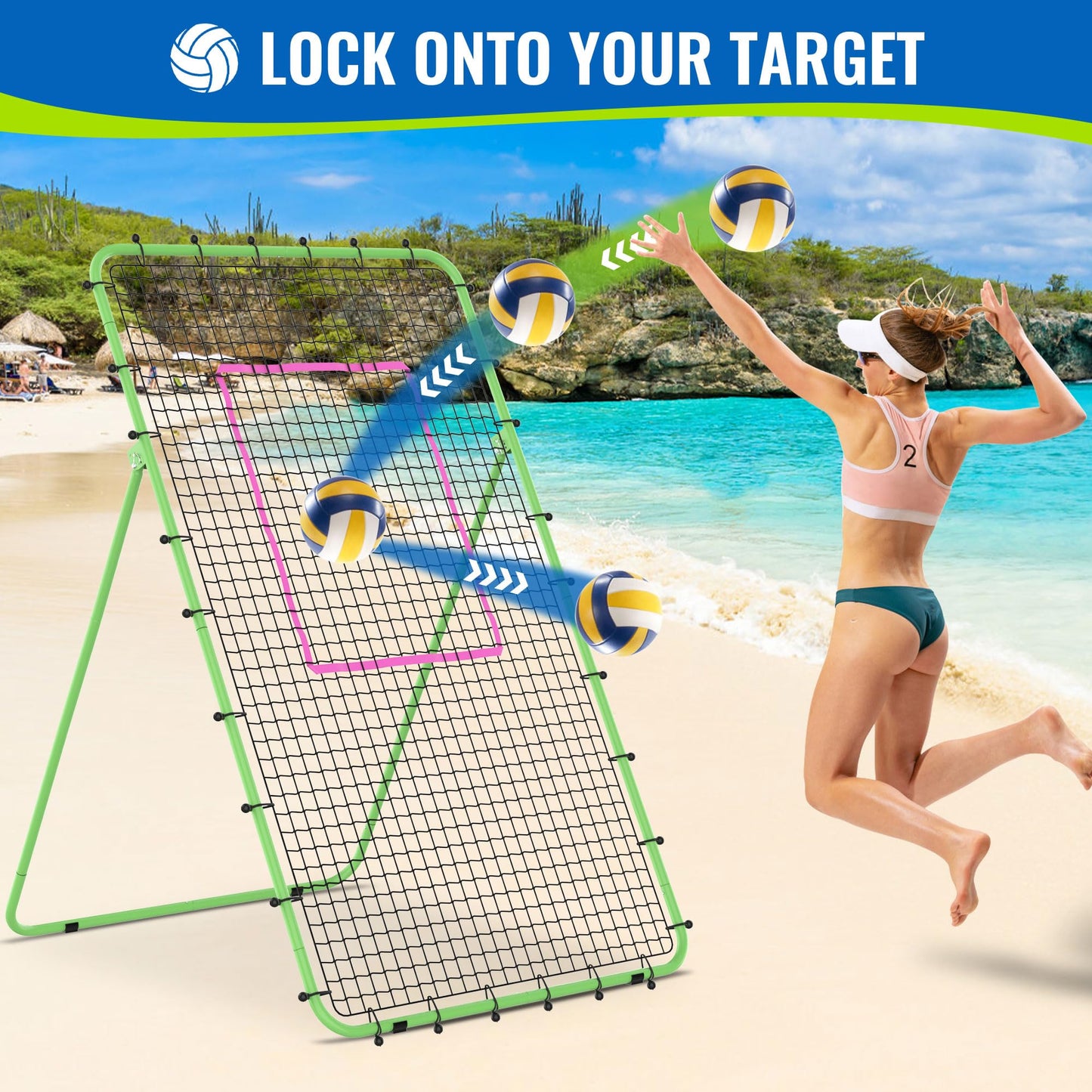 Oswerpon Volleyball Rebounder Net 7x4 FT, 5-Angle Adjustable Bounce Back Net, Steel Frame & PE Training Net for Volleying/Spiking, Rust-Resistant & Durable – w/Travel Bag, 2 NETS (Green & Pink)
