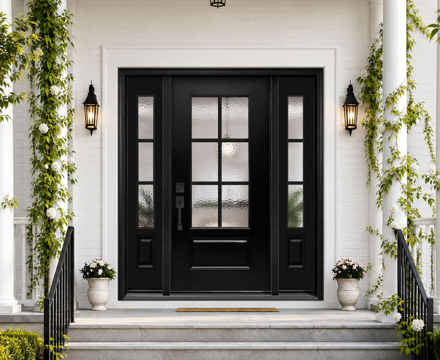 Front Entry Door with 12 in. Sidelite, 64 x 80 Smooth Textured Black Fiberglass Entry Door with Hammered Glass Classical Design (64 in. × 80 in.,Right-Hand Inswing)