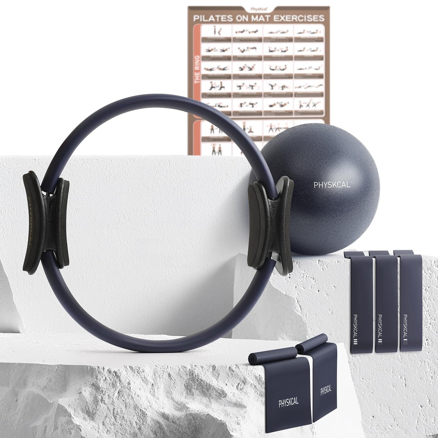 PhysKcal Pilates Ring Set, 15-Inch Magic Circle with 1x Core Ball, 3X Resistant Loop and 2X Flex Band, Mat Pilates at Home Essential Kit (Navy)