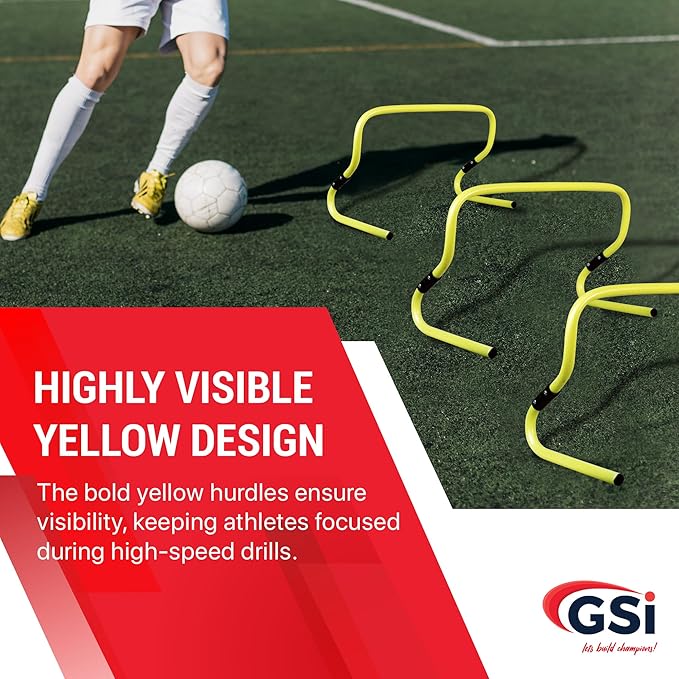 GSi Dual Height Agility Hurdle Pack of 6 – Adjustable 6" & 12" Training Hurdles for Sports, Fitness, and Agility Drills – Durable PVC Yellow Speed Hurdles for Soccer, Track, and Football Training
