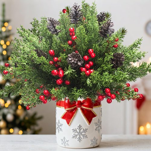 Grunyia Christmas Decorations - 68 Pcs Artificial Pine Greenery Picks with Pinecones & Berries | Holiday Table Centerpiece Decor