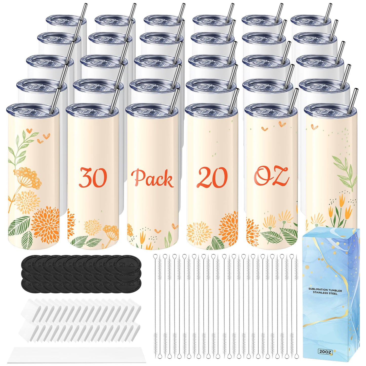 Hiipoo 30 Pack Sublimation Tumblers Blank 20 oz Straight Skinny with Sublimation Papers, Lids and Straws, Shrink Wrap Films, Stainless Steel Double Wall Insulated Tumbler for Mug Press Machine