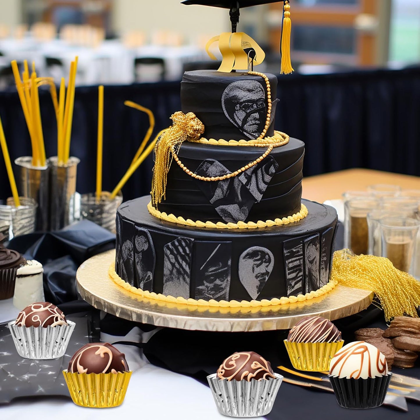 Whaline 300Pcs Graduation Cupcake Liners - Black Gold Silver Foil Baking Cups for Party Supplies