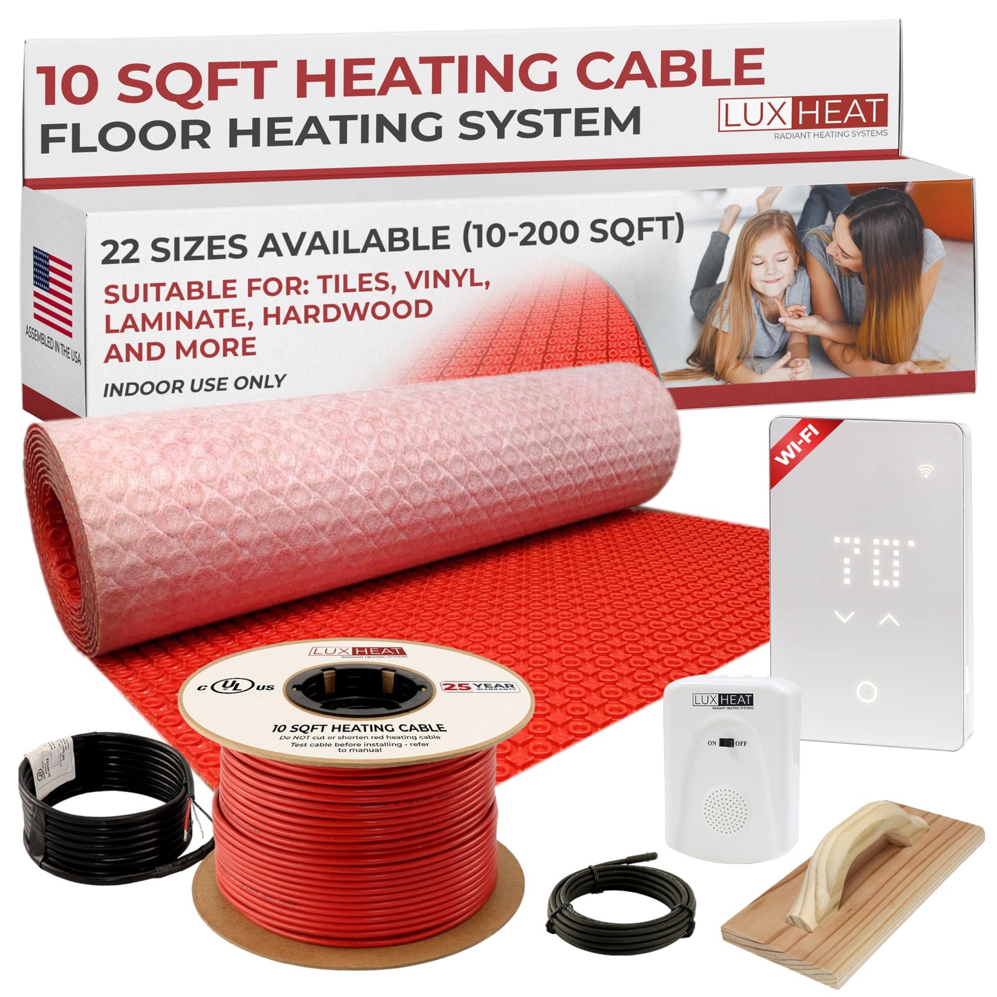 LuxHeat 10sqft Electric Radiant Floor Heating System - 120v In Floor Heating System for Tile - Includes UWG5 WiFi Programmable Thermostat w/GFCI, Tile Uncoupling Membrane, Heater Cable, Sensor & Alarm