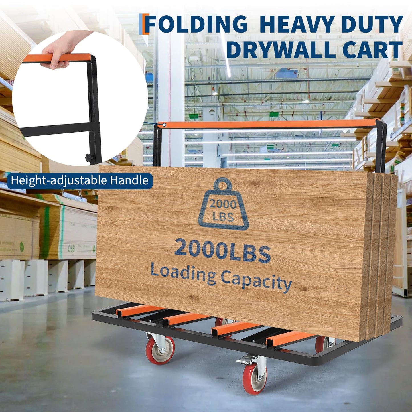 Garvee Folding Drywall Cart Dolly, Plywood Cart w/ 2000 LBS Load Capacity, Steel Panel Dolly with 4 Swivel Casters, Adjustable Handle & Tie-Down Strap for Plywood, Plasterboard, Glass