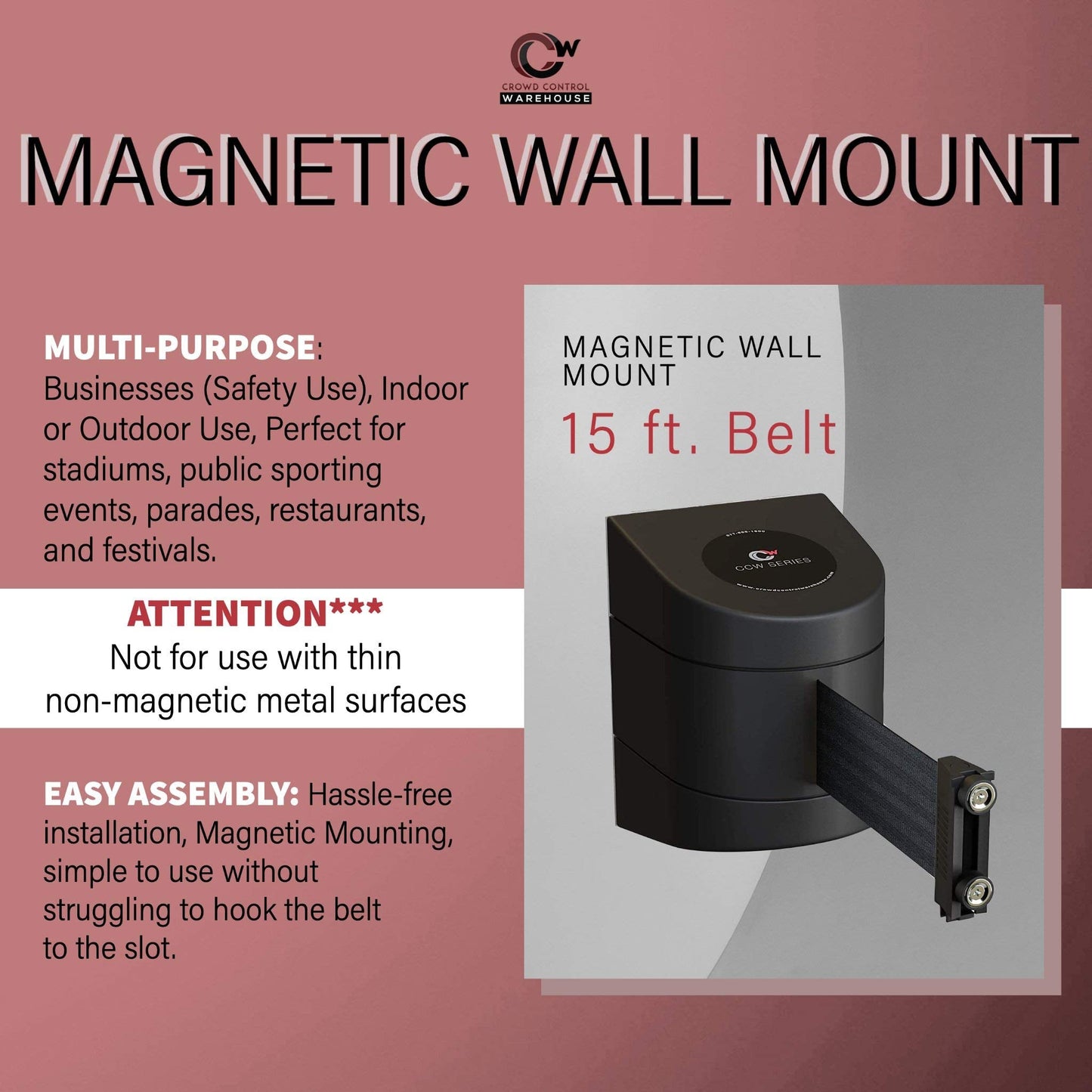 Crowd Control Warehouse - CCW Series WMB-220 Magnetic Wall Mount Retractable Belt Barrier - 15 Foot, Dark Blue Belt with Black ABS Case