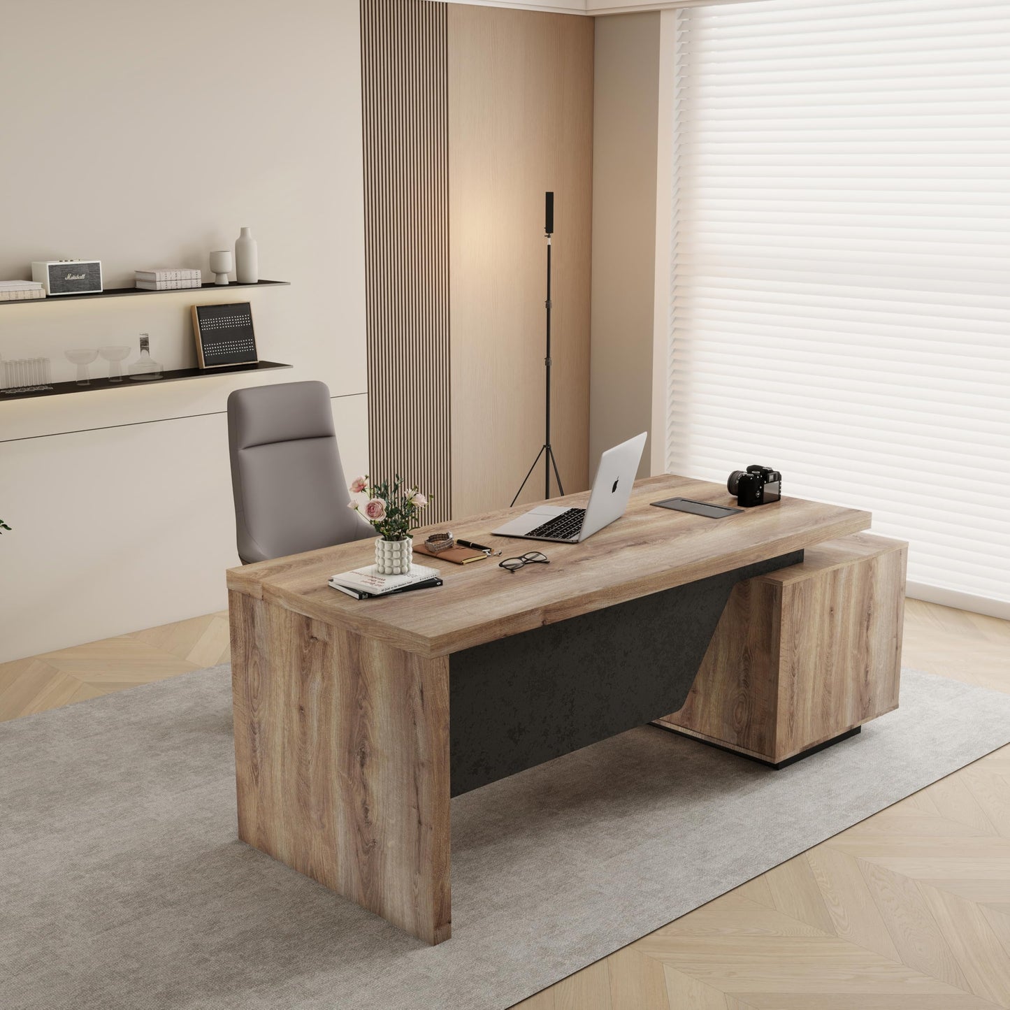 GT BLACK TURNSTONE Large Executive Desk 62.99" or 70.87", Modern Home Office Desk with 2 Drawers & Cable Management, Dual-Size Design Adapts to Any Layout for Home or Business (TH-X, Left)