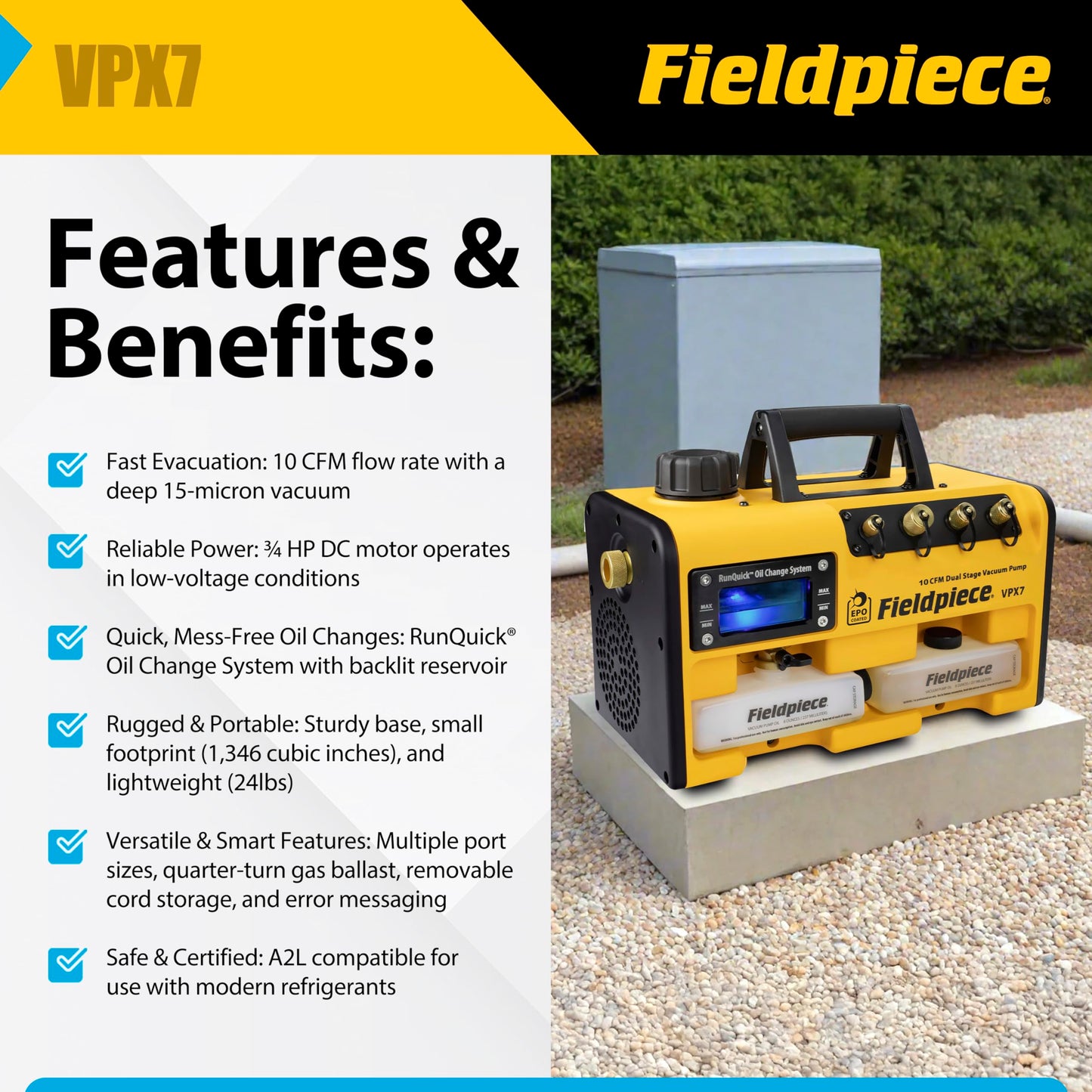 Fieldpiece VPX7 Vacuum Pump – 10 CFM, ¾ HP DC Motor, RunQuick Oil Change System – Portable - Professional HVAC Tool - A2L Compatible