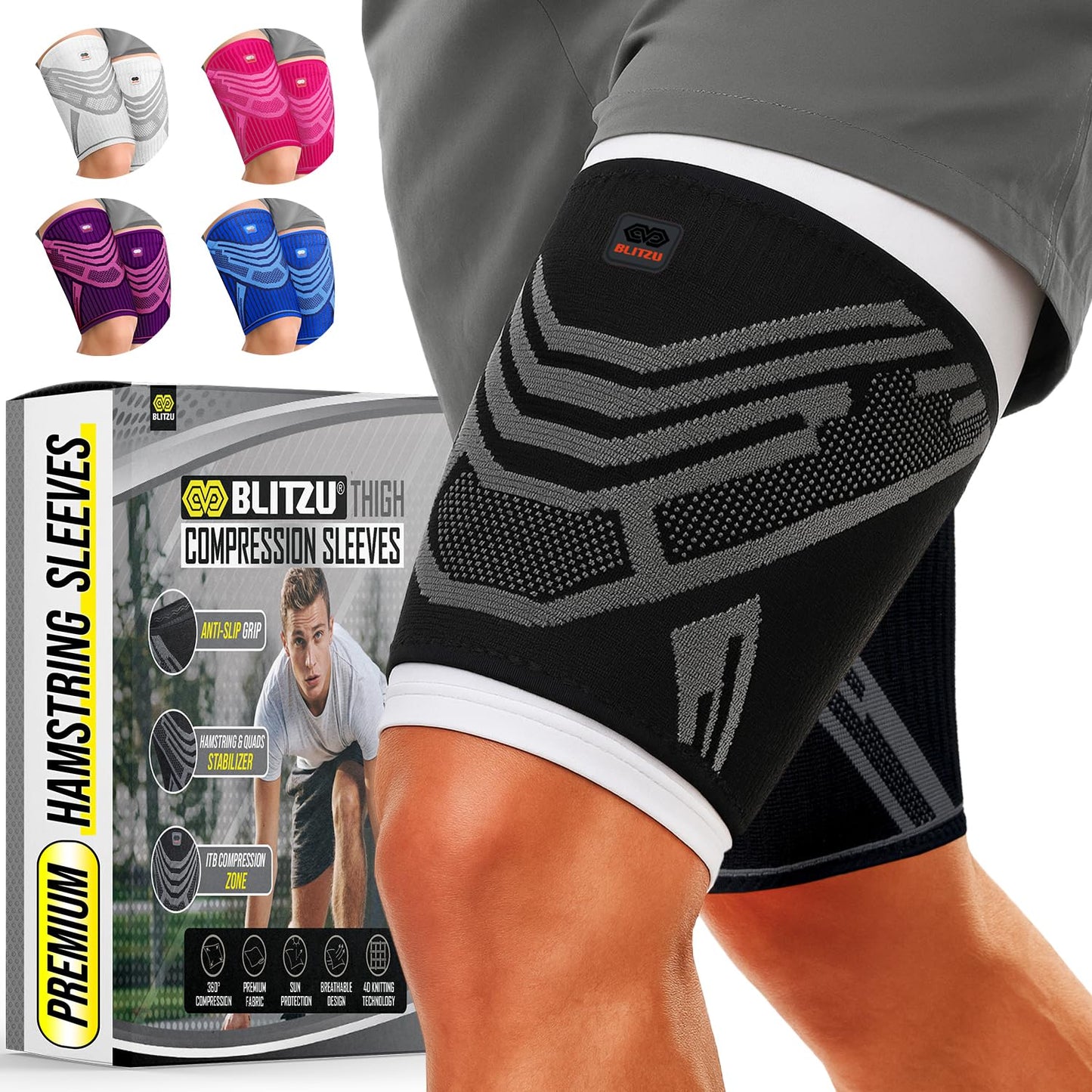 BLITZU Hamstring Compression Sleeve 1 Pair, Upper Leg Sleeves, Thigh, Quad & Groin Support for Men and Women, Anti-Slip Thigh Brace & Wrap for Running, Workout, Sports Recovery Black L