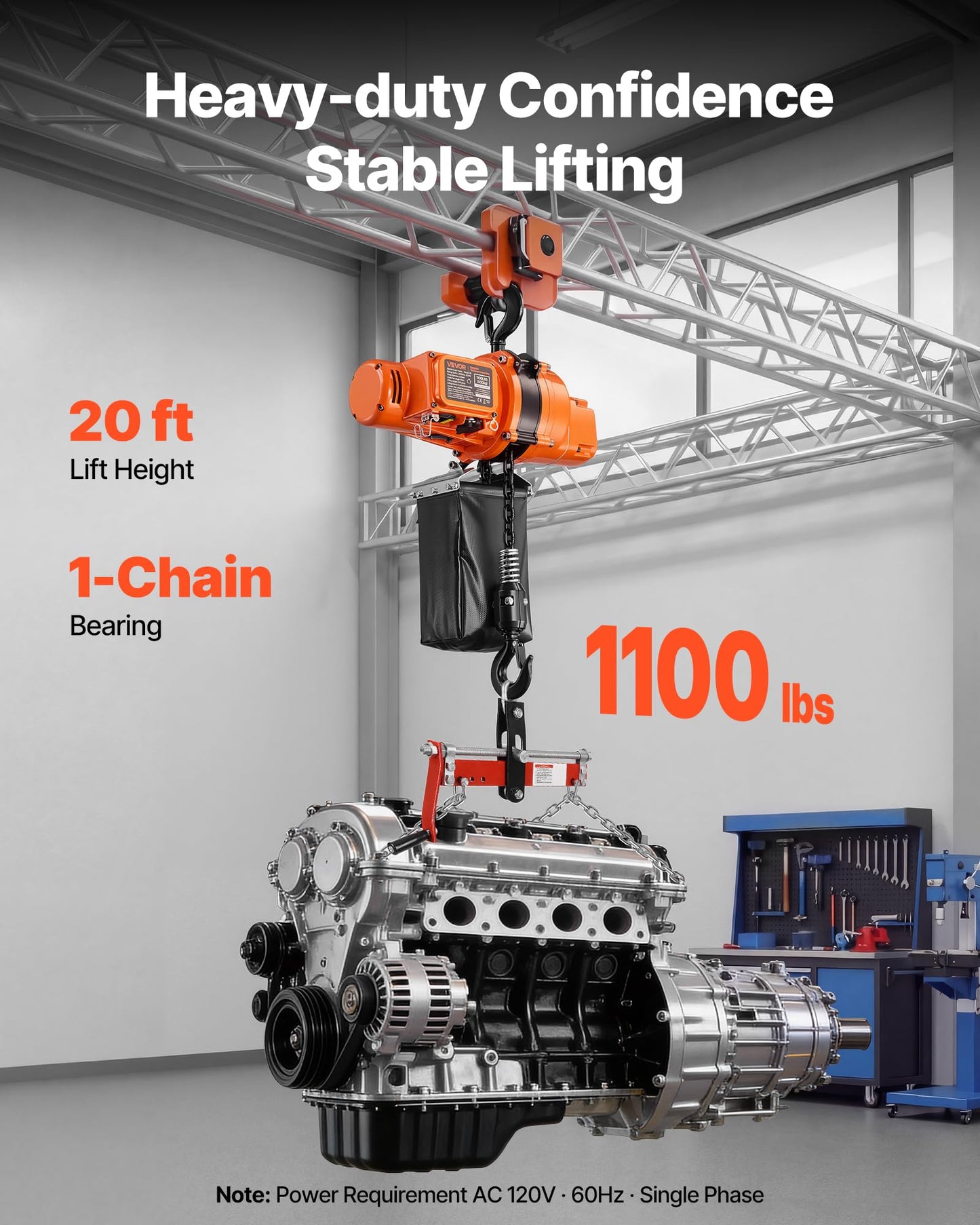 VEVOR 1100 lbs Electric Chain Hoist, 20ft Lifting Height, 120V 60Hz Single Phase Overhead Crane w/ 328ft Wireless & 15ft Wired Remote Control, Power Electric Hoist for Factories, Warehouses, Garages