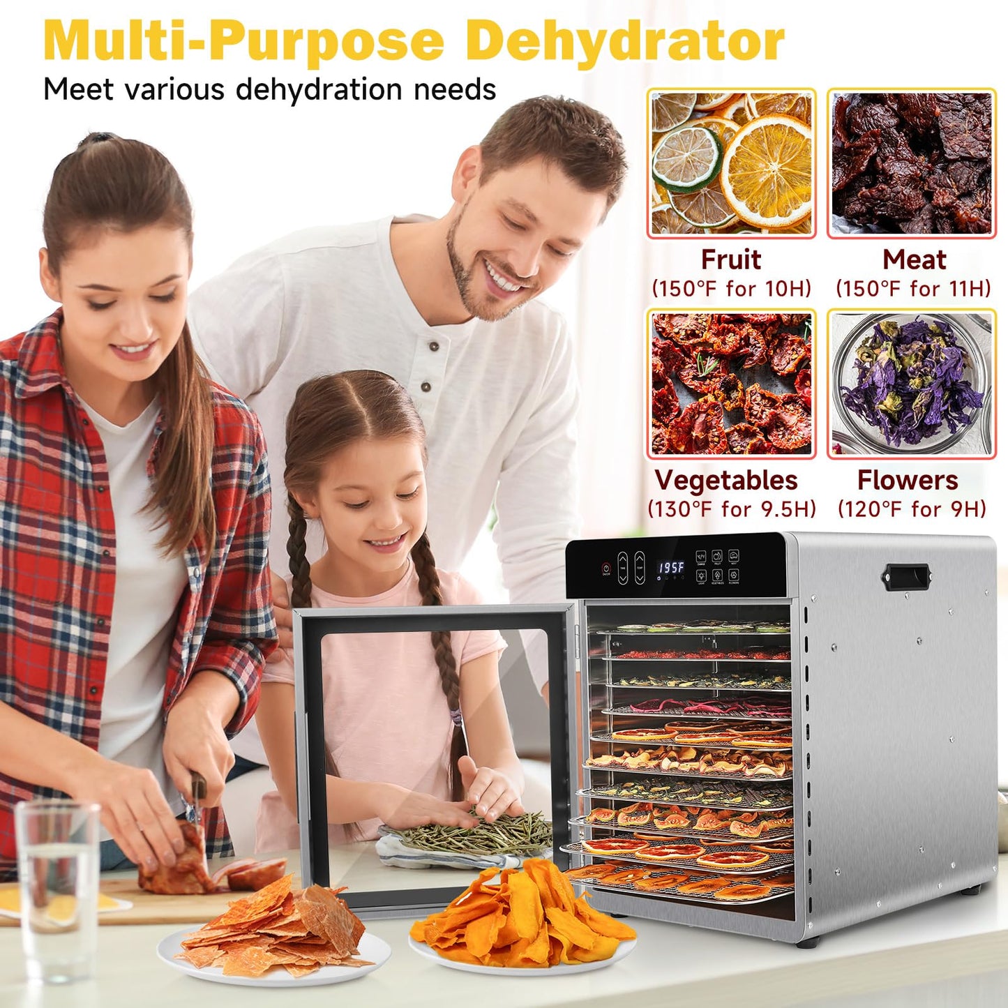 SUCICENI Food Dehydrator for Jerky, 10 Stainless Steel Trays 9ft² Dehydrator Machine, 1000W Dehydrator with 24H Timer 195℉ Temperature Control for Meat, Fruits, Veggies, Dog Treats