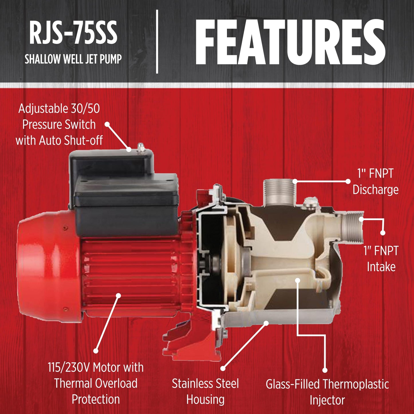 Red Lion RJS-75SS 115/230 Volt, 3/4 HP, 12.8 GPM Stainless Steel Shallow Well Jet Pump For Wells Up To 25' Deep, Red, 97080702