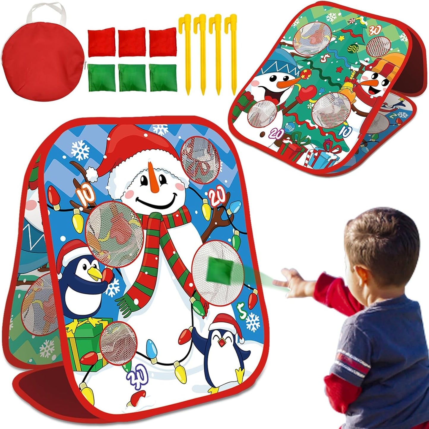 Skiennix Christmas Party Games - Double-Sided Bean Bag Toss Game | Foldable Cornhole Board for Family Fun