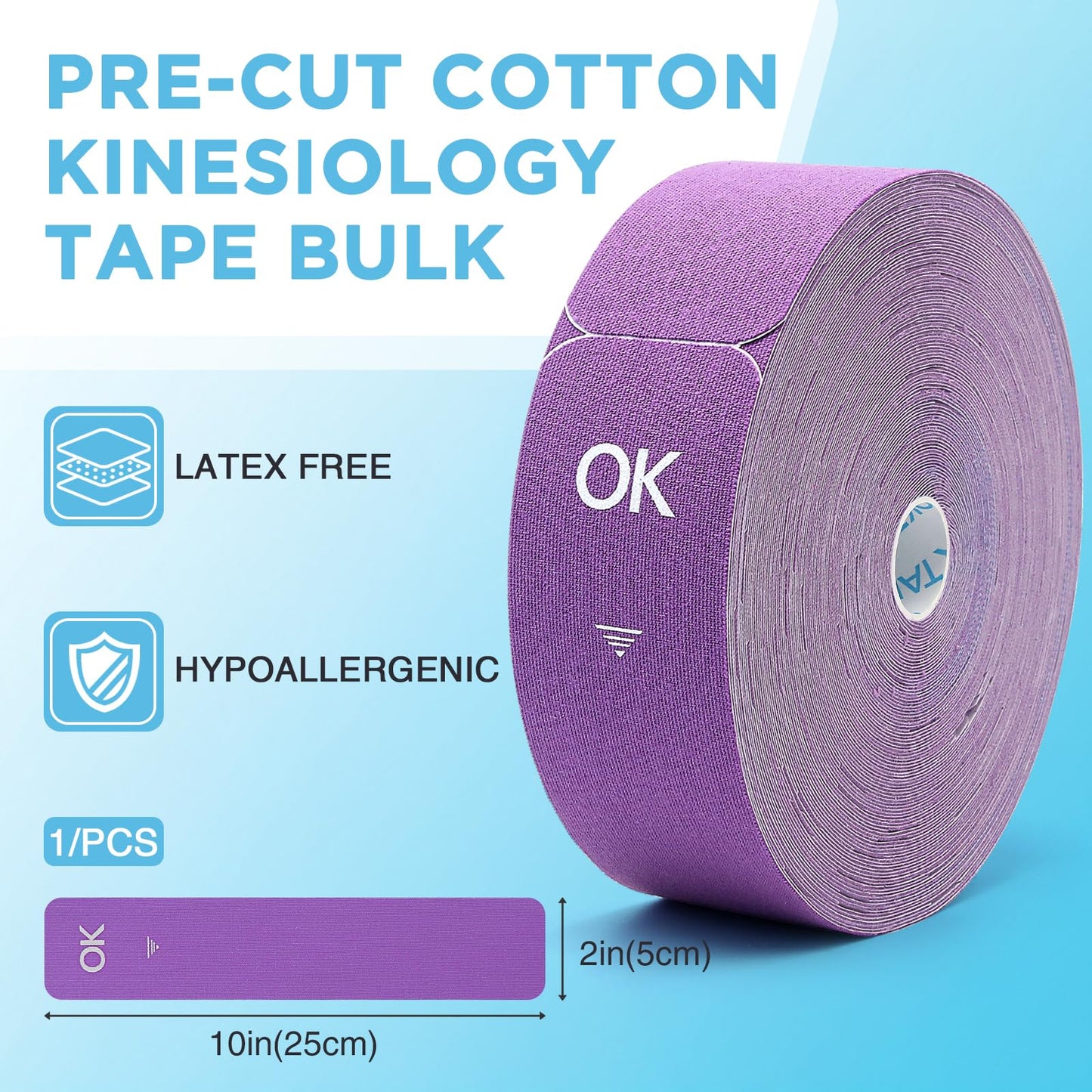 OK TAPE Kinesiology Tape Pre Cut Strips Bulk (100 PCS),Elastic Cotton Latex Free Hypoallergenic Athletic Tape Roll for Muscle Joint Knee,Waterproof 2in×10in/PCS