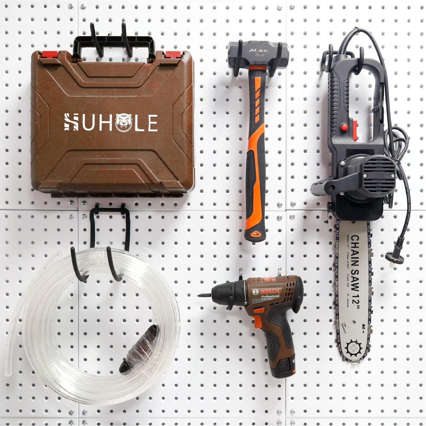 HUHOLE 10-Pack Heavy Duty Pegboard Hooks for Power Tools & Garage Organization, Vinyl-Coated Steel Drill Holders & Utility Hangers, Fits Standard 1/4" Pegboards