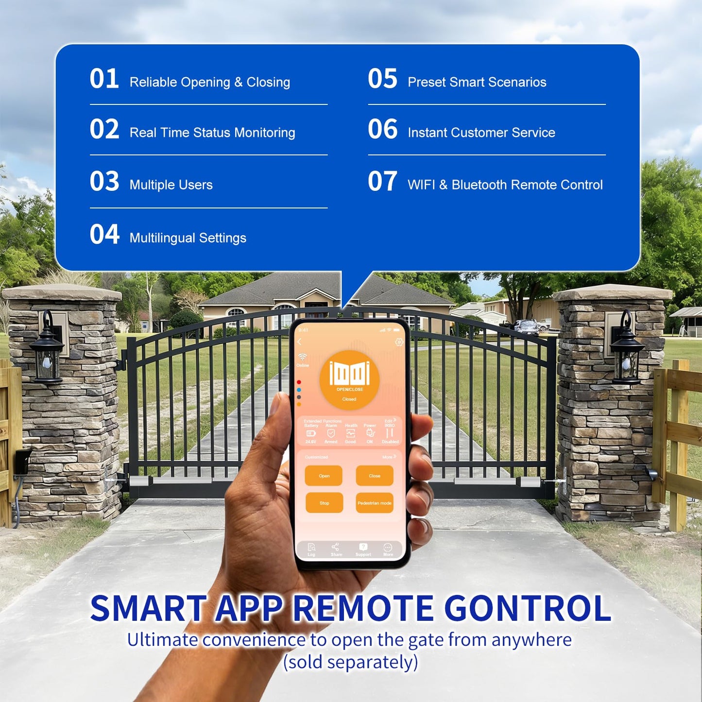 X X-HOUSE PKM-C05 Automatic Gate Opener Kit with Remote Control Kit for Medium Duty Single Swing Gates, 24V Motor Electric Gate Opener for Single Swing Gates up to 770 lbs Arm AC Powered