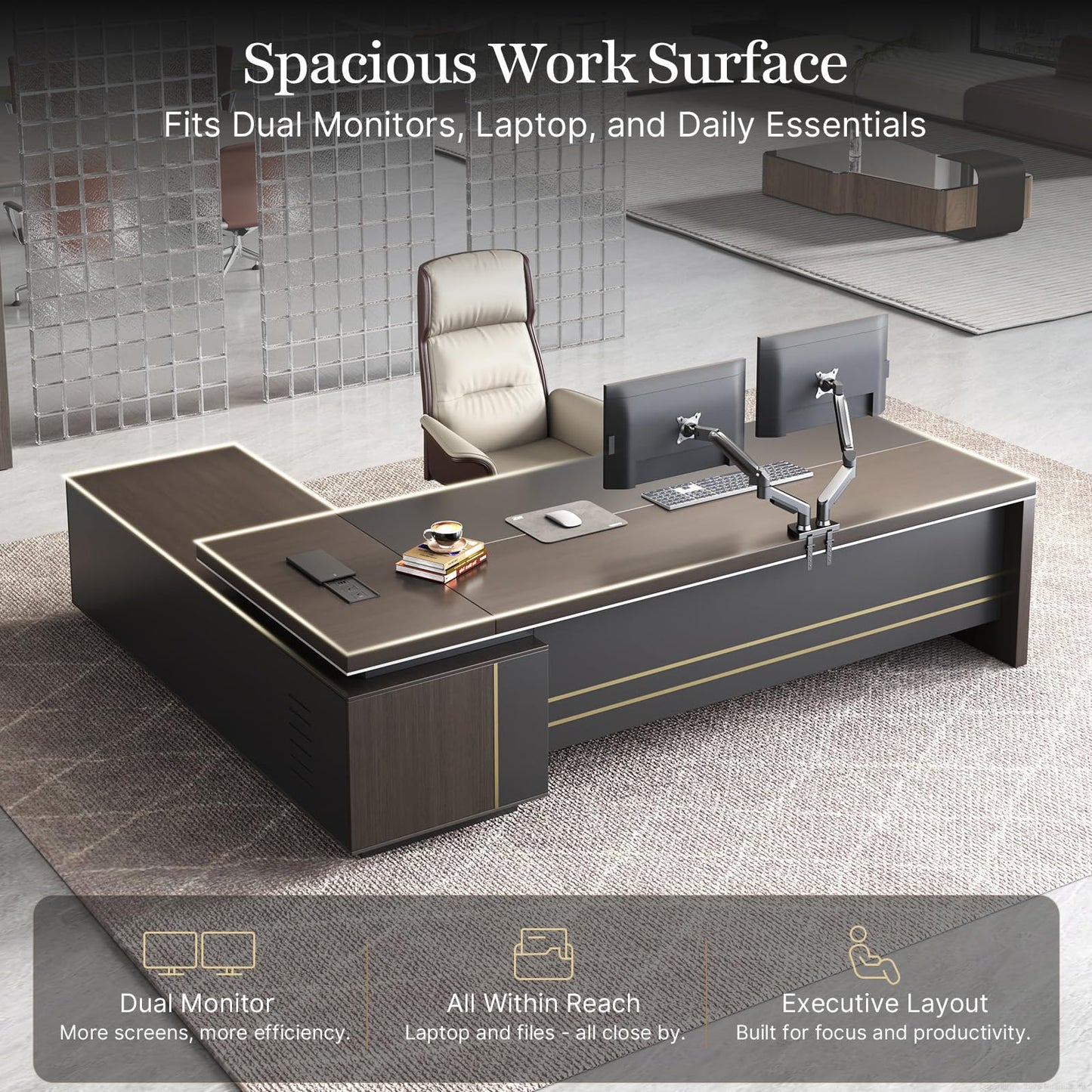 Huariifowm 79" L-Shaped Executive Desk with Reversible Return, Large Office Desk for Manager Office, Power Hub with USB-C HDMI RJ45, 3-Digit Lock Drawer, Storage Shelves and Privacy Panel, Gray Walnut