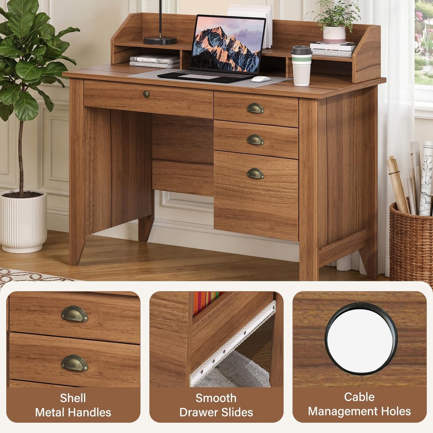4 EVER WINNER Desk with Drawers, 47'' Small Desk with Monitor Stand and File Drawer, Computer Desk with Storage for Bedroom, Living Room, Small Spaces, Walnut