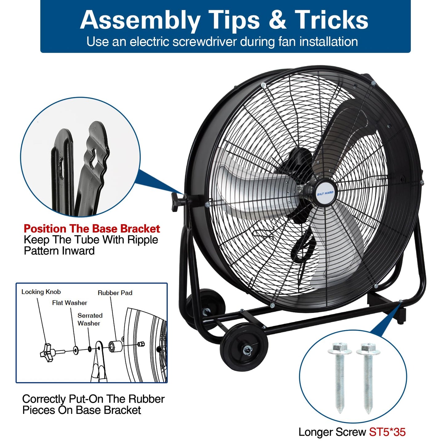 BILT HARD 24" 8100 CFM High Velocity Industrial Drum Fan, 3 Speed Heavy Duty Tilt Metal Shop Fan, Ideal for Garage, Warehouse Factory and Commercial Use, Black