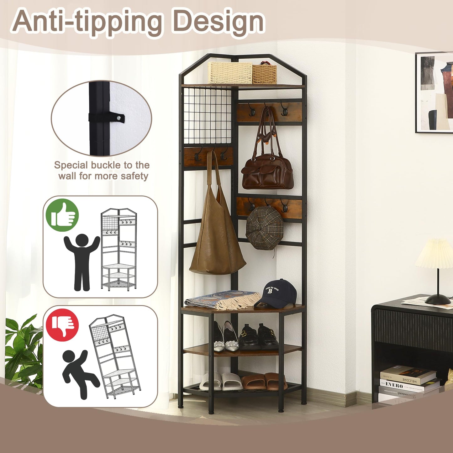 SIMHOMSTOR Heavy Duty Corner Hall Tree Organizer, 3-in-1 Industrial Freestanding Coat Storage Rack with Hooks and 4 Wooden Shelves for Entryway, Black