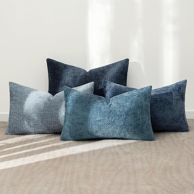 MIULEE Pack of 4 Couch Throw Pillow Covers 12x20 Inch Neutral Blue Soft Decorative Chenille Pillow Covers Farmhouse Accent Cushion Covers for Boho Western Spring Coastal Decor Sofa Bed Living Room