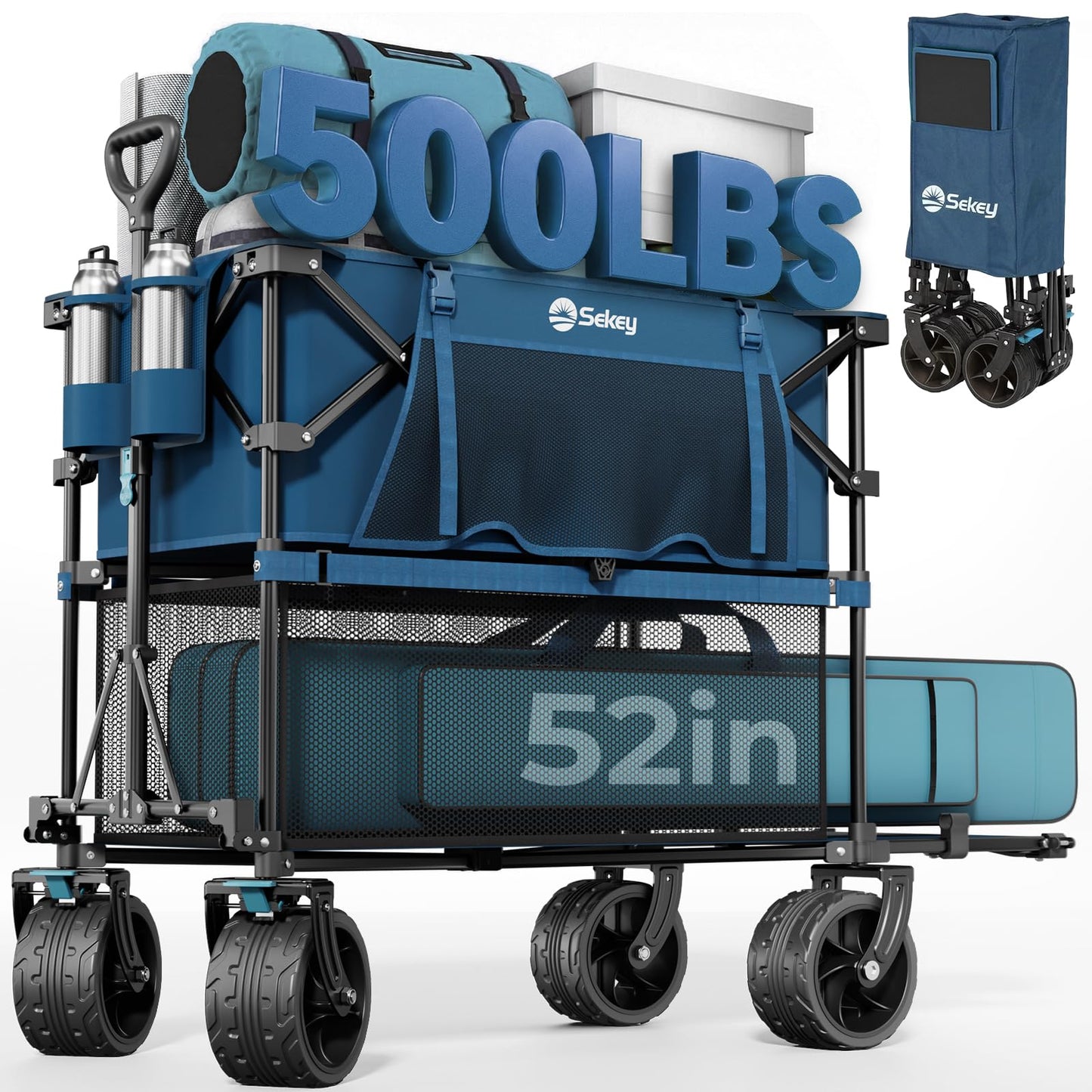 Sekey 500LBS Heavy Duty Double Decker Wagon with Extender, 400L Large Capacity Collapsible Garden Cart Fits 10x10 Canopy, All-Terrain Big Wheels with Brakes, Foldable Utility Wagon for Sports, Camping