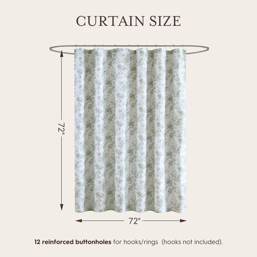 Laura Ashley Walled Garden Shower Curtain, Textured Cotton-Rich Slub Fabric, Tonal Floral Print, Elegant Transitional Bathroom Decor, Machine Washable 72"x72", Green