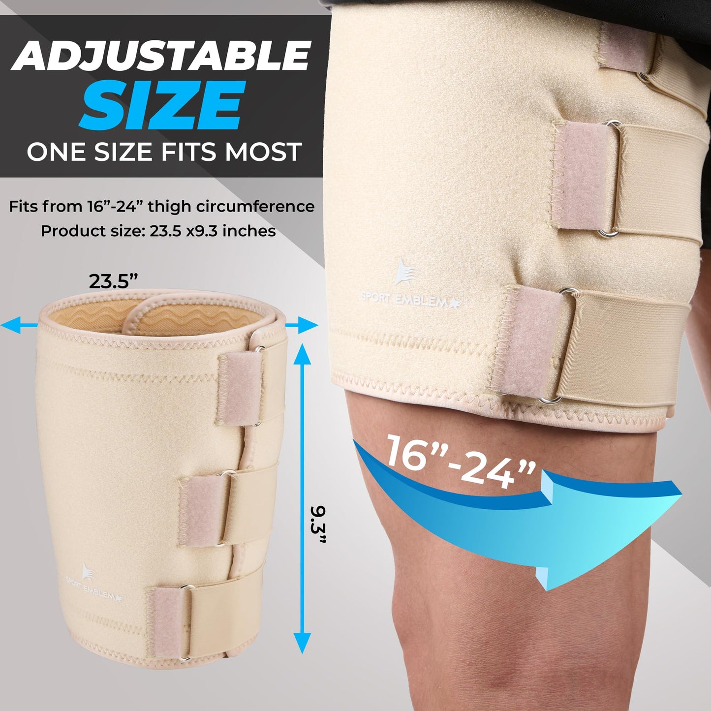 SportEmblema 2026 Upgraded Thigh Compression Sleeve for Men & Women, Sturdier Non-Slip Hamstring Compression Wrap for Quad & Leg Support, Hook and Loop Thigh Brace for Pulled Muscle, Fits 16"-24"-Skin