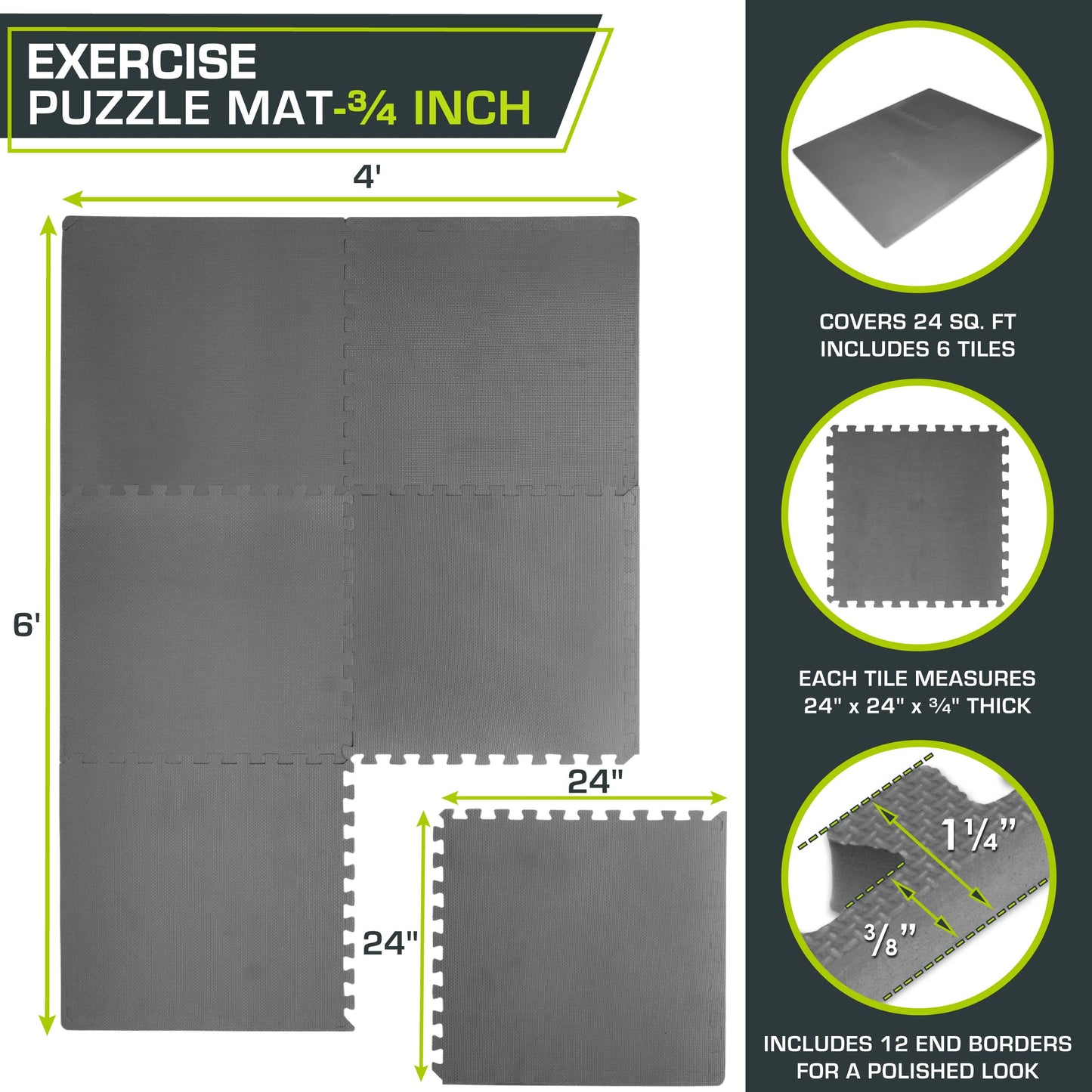 ProsourceFit Weaved Pattern Extra Thick Exercise Puzzle Mat ¾-inch, EVA Foam Interlocking Tiles for Protective, Cushioned Flooring for Home and Gym Equipment; Grey, 24 SQ FT, 6 Tiles