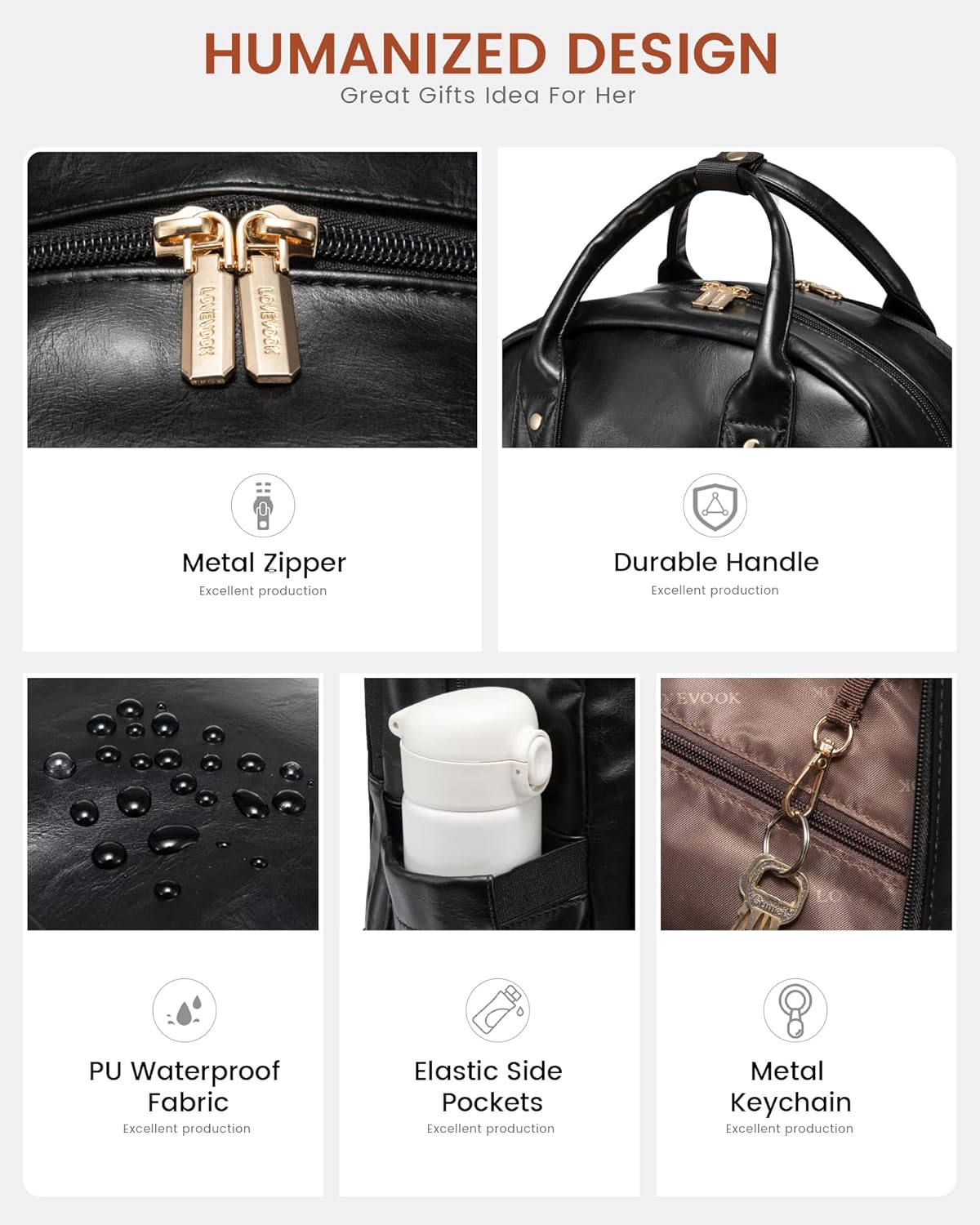 15.6 inch Backpack, 25L, LOVEVOOK Vintage PU Leather Women's Laptop Black, Water Resistant, USB Charging Port