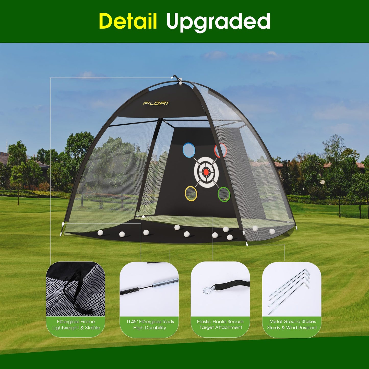 FILORI Golf Practice Net 10x7FT - Golf Hitting Net with Tri-Turf Mat, 8 Balls, Tee & Carry Bag, Indoor/Outdoor Backyard Training for Driving Chipping Swing, Ideal Gifts