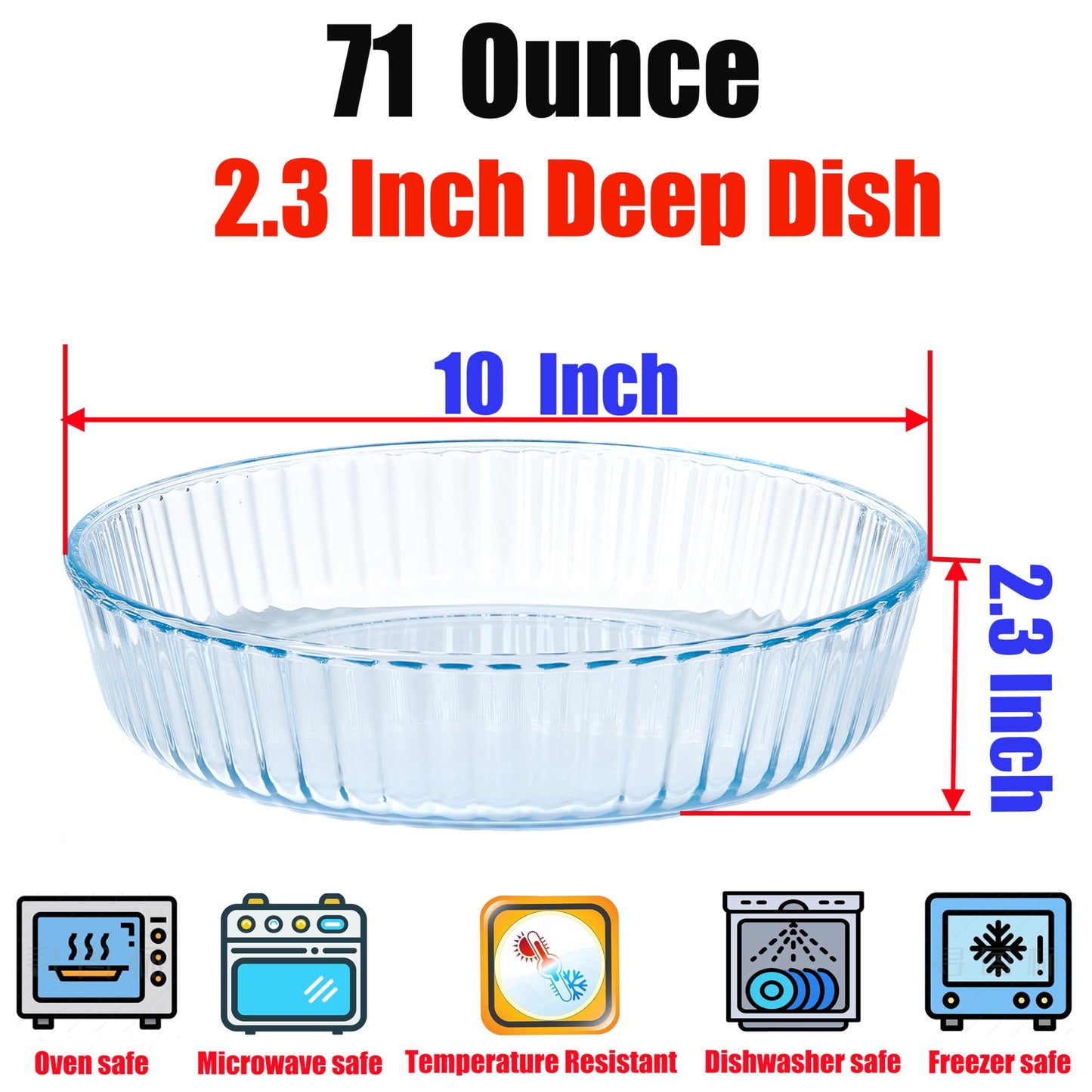 RONDURE Deep Glass Pie Plate for Baking - 10-inch Round Glass Pie Dish Crust Pan Serving Plate for Oven Baking Key Lime Crust, Cakes, Potato 9 inch