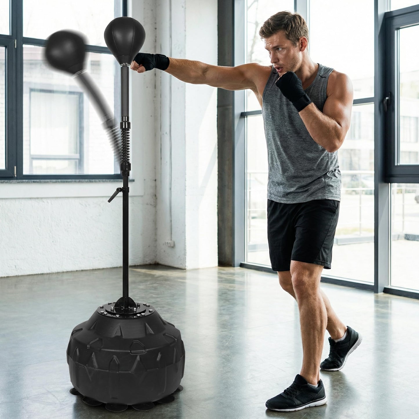 STARSNET Free Standing Reflex Ball Speed Bag for Boxers and Fitness Enthusiasts - Adjustable Height 57.4"-75.9", PU Ball, Thicken Suction Cup Base