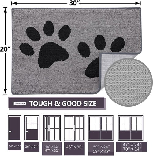 Buganda Dog Door Mat - Absorbent Mud Trapper for Indoor Use | Non-Slip Low-Profile Design (48x30 Inches, Grey)