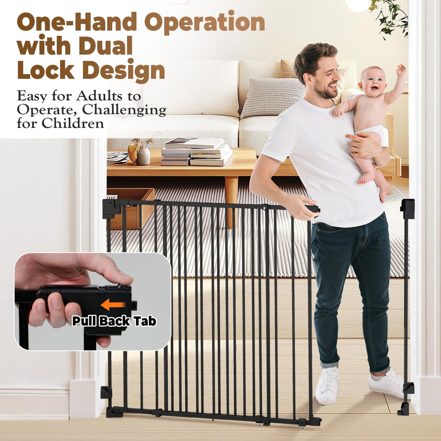 35-55" No Bottom Bar Baby Gates for Stairs, 39" Extra Tall Child Safety Gate with Auto Close Large Walk Thru Door, Hardware Mount Dog Gate Pet Gate for The House Doorways, Indoor Outdoor use