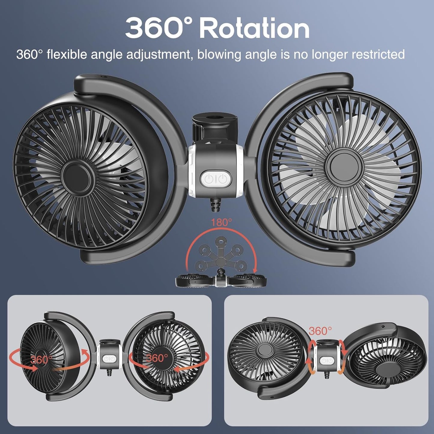 360 3-Speed Trustnice USB Car Fan for Backseat for Kids, Dual Head Car Seat Fan Independently Controlled Rotatable