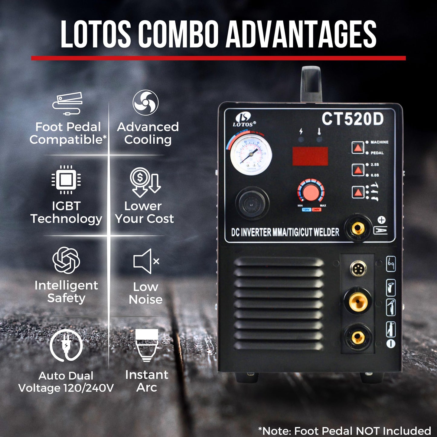 LOTOS CT520D 50 AMP Air Plasma Cutter, 200 AMP Tig and Stick/MMA/ARC Welder 3 in 1 Combo Welding Machine, 5/8 Inch Clean Cut, Brown