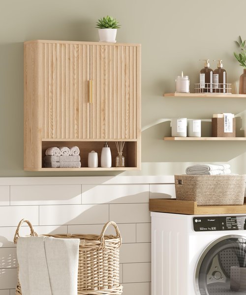 Keehusux 27.6" H Bathroom Wall Storage Cabinet with 2 Fluted Doors, Modern Wall Mounted Bathroom Cabinet with Adjustable Shelf, Curved Profile Medicine Cabinet for Kitchen, Living Room, Natural Oak